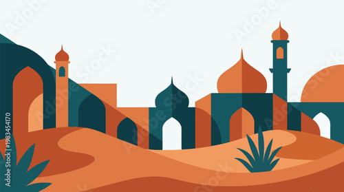Arabian City Desert Landscape, Mosques Minarets Domes Sand Dunes, Islamic Culture Travel, Flat Minimal Orange Teal Vector Illustration