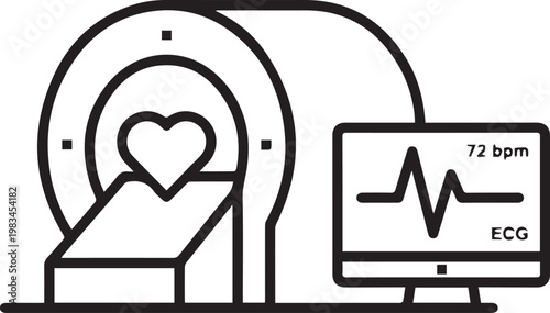 Premium High-Resolution Vector Icon of Cardiac MRI Machine with Real-Time Heart Rate Monitor Display for Medical Professionals, Healthcare Marketing, Patient Education, Hospital Branding