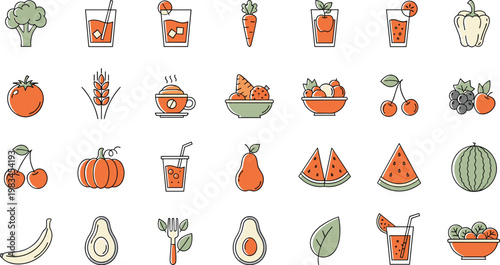Healthy Fruits and Vegetables Icon Set for Nutrition, Wellness, Organic Food, and Healthy Lifestyle Designs
