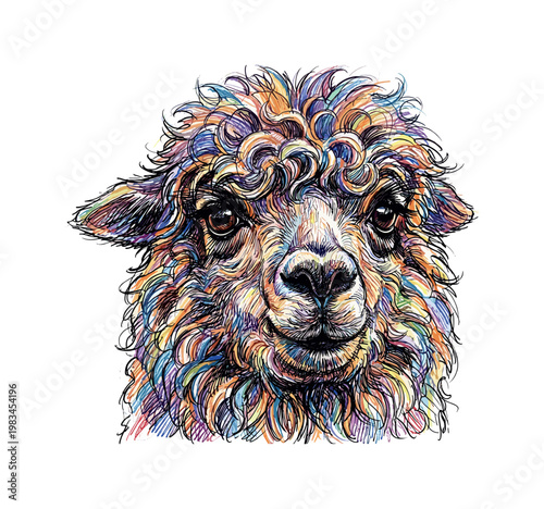 Frontal alpaca head with symmetrical features and gentle expression framed by dense wool and structured hatching detail,