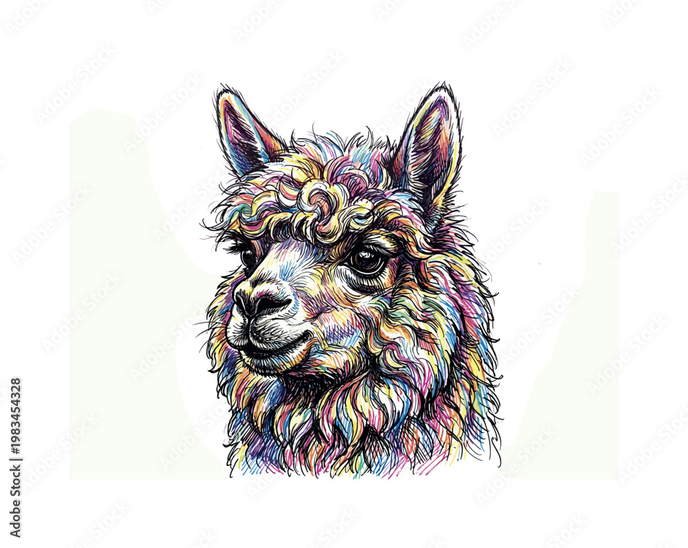 Fototapeta premium Alpaca head portrait in three-quarter view with fluffy wool texture and upright ears forming soft rounded facial structure in