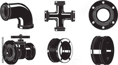 Black and white of camera parts and accessories lens shutter flash tripod desig