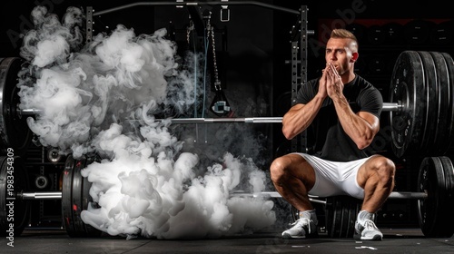 Strong Man Squatting with Heavy Barbell in Gym Surrounded by Smoke During Workout