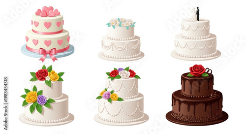 Collection of six decorative tiered cakes for celebrations.