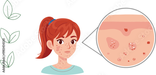 Acne skin problem illustration with girl face dermatology diagram and natural leaf icons vector medical skincare concept