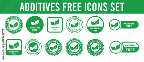 A collection of green circular and rectangular icons displaying additives free messaging with leaf imagery high quality professional detailed modern elegant