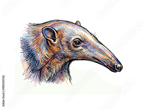 Anteater head profile facing right with extended snout and smooth fur emphasized through directional pen strokes and contour flow,