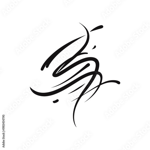 Expressive black ink calligraphy strokes forming complex abstract shape with splashing paint dots