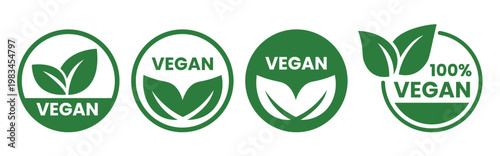 Four circular green vegan symbols and labels are displayed promoting plant based and cruelty free products high quality professional detailed modern