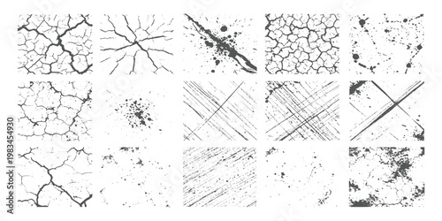 Minimalist set of collection black and white grunge textures, featuring cracked earth patterns, ink splatters, grainy noise, and distressed vintage borders, high-contrast vector style.
