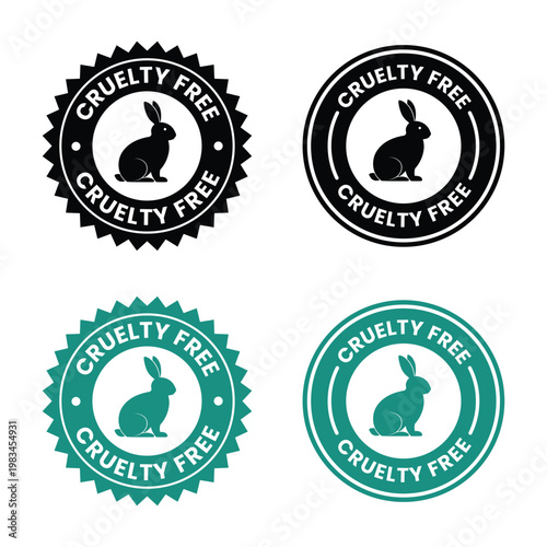 Four variations of a cruelty free emblem featuring a rabbit silhouette within circular and burst designs high quality professional detailed modern