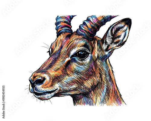 Frontal antelope head with symmetrical horns and alert gaze highlighted by fine fur texture and structured hatching detail,