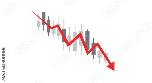 A sharp red jagged arrow points dramatically downward across a series of grey and white financial candlestick bars to highlight a significant market decline.