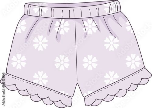 Cute Purple Floral Pajama Shorts Illustration, Sweet Lavender Sleepwear Bottoms with Ruffled Hem and Flower Pattern, Comfort Lounge Apparel 