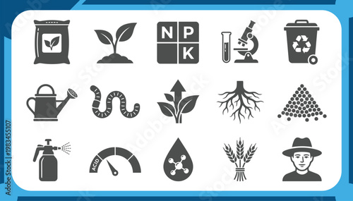 Large Collection of Agriculture Icons Featuring NPK Fertilizer Formula, Soil Testing Microscope, Organic Compost, Plant Growth and Farming Science Graphic Elements Vector Set