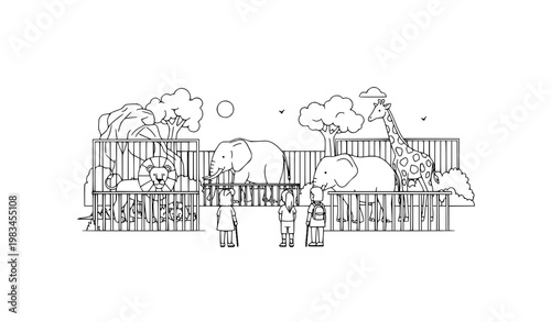 Kids watching zoo animals line art black and white minimal outline vector illustration educational wildlife moment