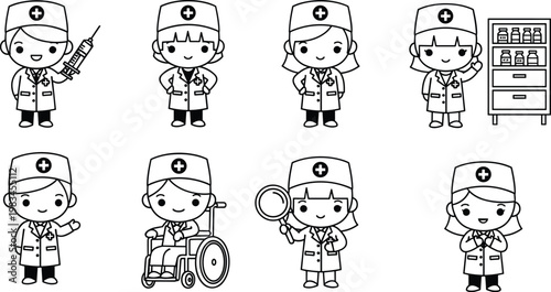 Vector collection of cute minimalist black and white doctor and nurse icons featuring medical staff with syringes wheelchairs and medicine cabinets for healthcare design