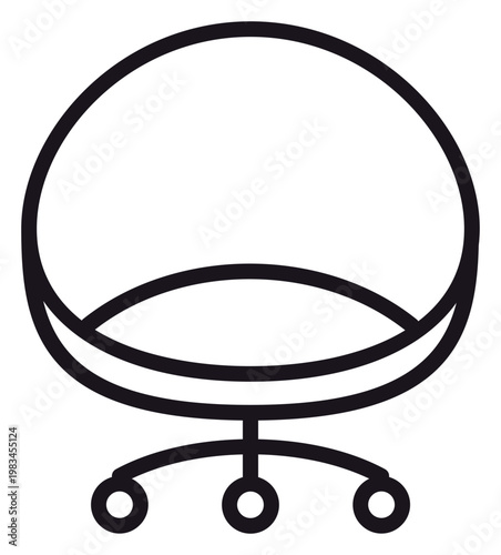 Black vector icon illustration of a modern round swivel office chair with wheels. Minimalist contemporary furniture design symbol for interior decor, workspace, and business office concepts.