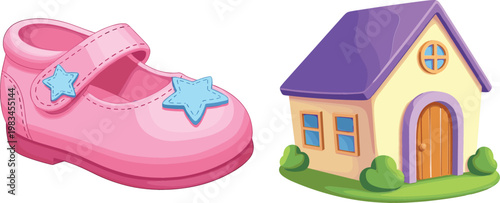 Pink children shoe with star decoration and cute small house cartoon vector illustration collection