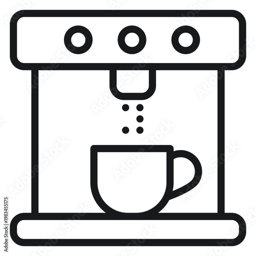 Minimalist black line vector icon of a coffee machine brewing a fresh cup of espresso. Scalable illustration of a modern kitchen appliance for cafe, breakfast, and beverage design projects.