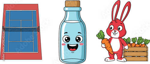 Solar panel window cute glass bottle character and rabbit with carrots cartoon vector illustration collection