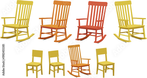 Colorful Chair and Rocking Chair Vector Set Featuring Yellow, Orange, and Red Chairs for Furniture, Home Decor, and Interior Design Illustrations