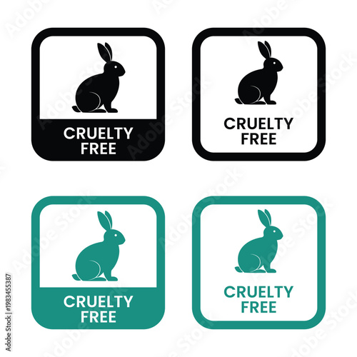 Four square icons displaying a rabbit silhouette and the text cruelty free in varying color schemes high quality professional detailed modern