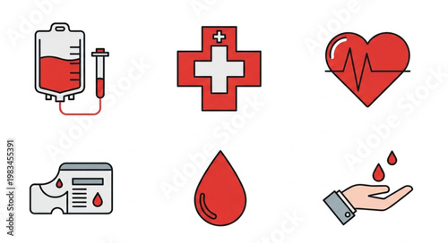Medical icons representing blood donation and health care services.