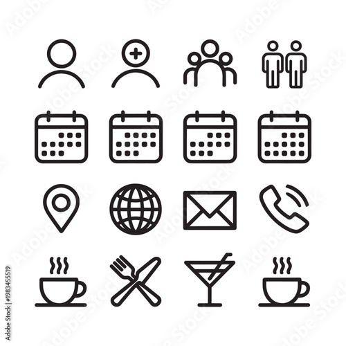 Collection of simple black line icons representing people events and services
