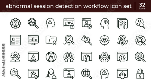 Abnormal session detection workflow outline cybersecurity icon set illustrating behavioral monitoring anomaly alerts identity validation suspicious activity tracking security processes