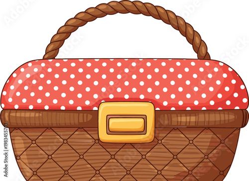 Wicker picnic basket with polka dot fabric lid and handle cartoon vector illustration for picnic and outdoor food concept