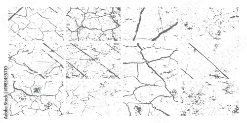 Minimalist set of collection black and white grunge textures, featuring cracked earth patterns, ink splatters, grainy noise, and distressed vintage borders, high-contrast vector style.