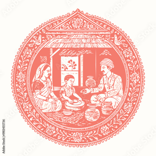 Indian family engaged in pottery making with daily life traditional artisans