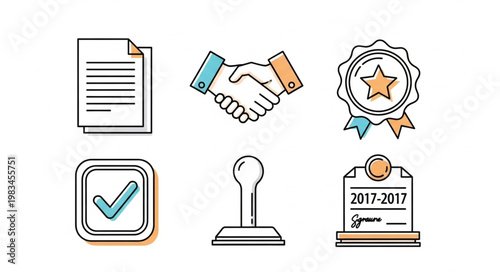 Set of business icons representing agreement and approval concepts.