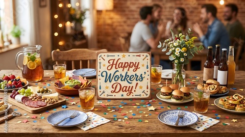 Happy workers day celebration with food drinks and colleagues