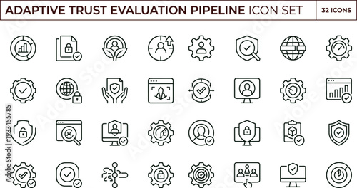 Adaptive trust evaluation pipeline outline cybersecurity icon set illustrating identity verification analytics governance monitoring scoring framework architecture workflows