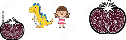 Decorative pomegranate fruit with cute dinosaur and happy girl cartoon vector illustration collection