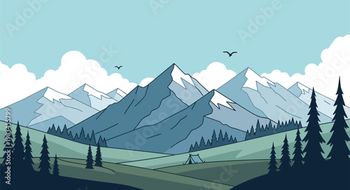 A scenic alpine panorama of a snow covered winter mountain range featuring high peaks and a lush forest valley under a cloudy blue sky in the European Alps