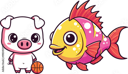Cute pig character playing basketball and colorful tropical fish cartoon vector illustration collection for kids design