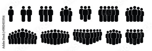A collection of black silhouette figures depicts varying group sizes ranging from individuals to larger crowds high quality professional detailed modern