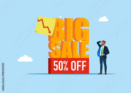 Big Sale with red down arrow on sticky note. Huge Discount. Modern vector illustration in flat style