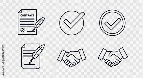 Set of six icons representing contract agreement and approval.
