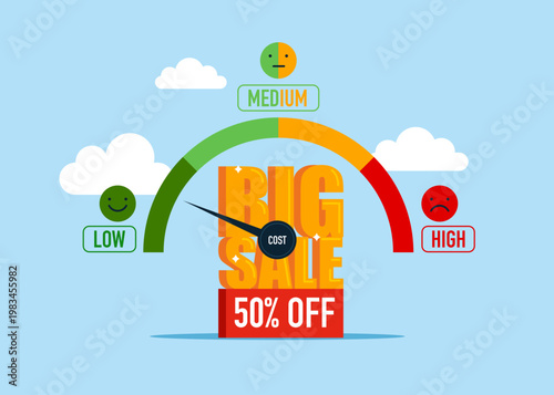 Big Sale. Huge Discount. Level control and business idea cost optimization,  efficiency and quality. Business idea to make money or profit. Flat vector illustration