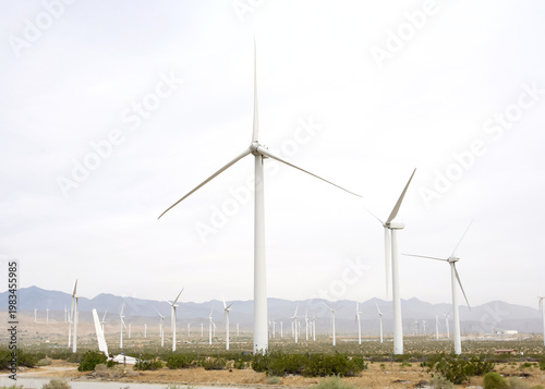 Desert landscape with windmills, low growing shrubs in the valley with mountains in background. Hazy sky with clouds.