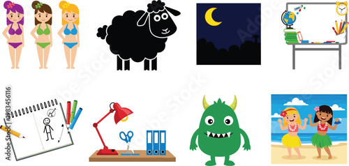 Girls in swimwear sheep night moon school desk drawing tools monster and beach kids cartoon vector illustration collection