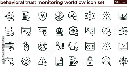 Behavioral trust monitoring workflow outline cybersecurity icon set featuring identity analytics anomaly alerts compliance verification and security intelligence dashboard elements