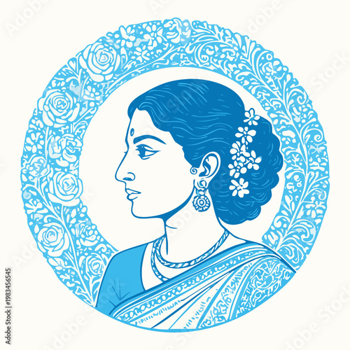 Woman's profile in blue with floral garland hair accessories ornament