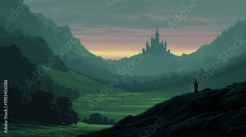 Landscape valley mountains castle at dawn with mist and traveler silhouette in expansive countryside panorama, green hills and distant tower creating atmospheric scene