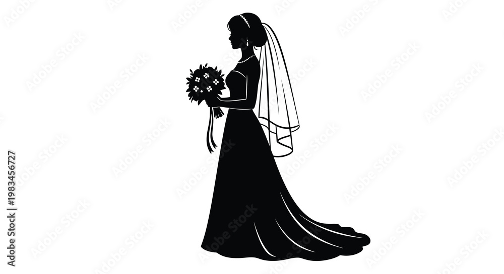 Fototapeta premium Elegant bride in a flowing gown holds flowers a striking silhouette
