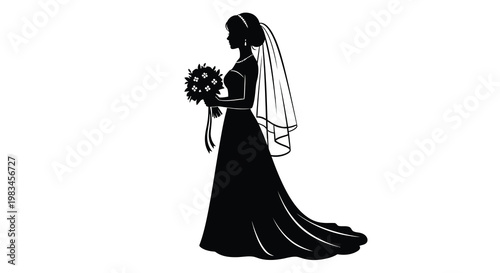Elegant bride in a flowing gown holds flowers a striking silhouette